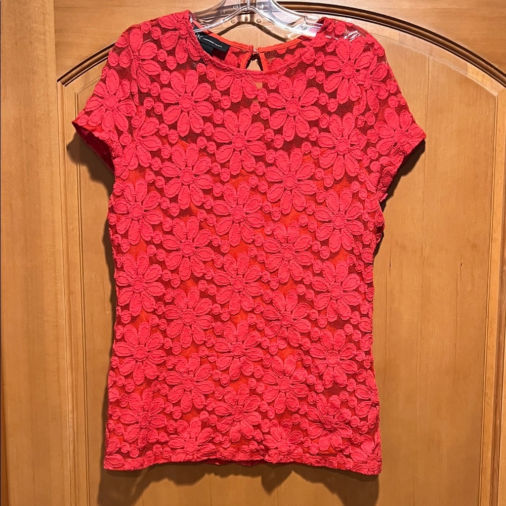 INC International Concepts Red Floral Lace Short Sleeve Top